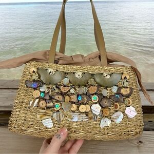 Vintage Braided Straw Rattan Beachy Sequin Shell Handkerchief Tie Shoulder Bag